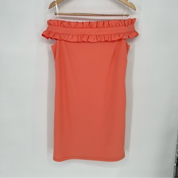 Marina Off-The-Shoulder Ruffle Coral Pencil Dress - Picture 2 of 13